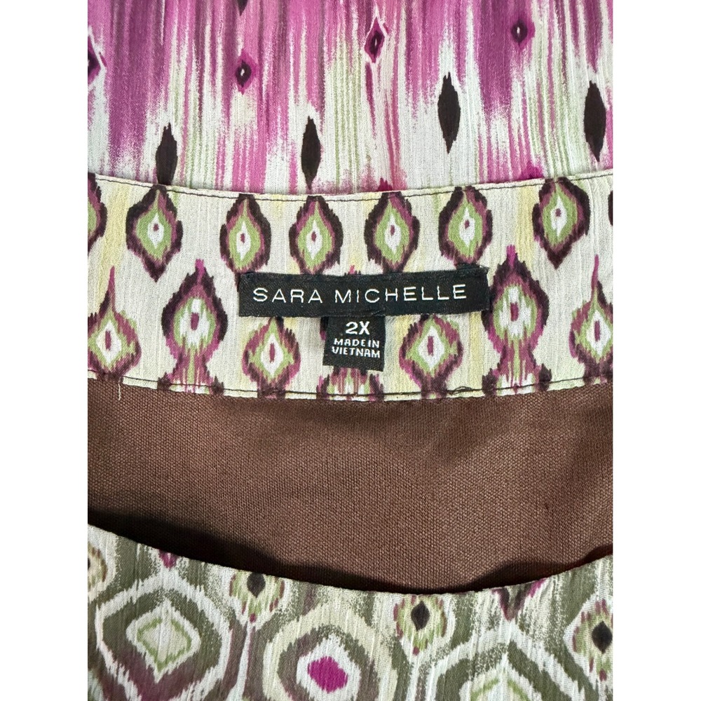 Sara Michelle Womens 2X Blouse Purple Green Geometric Ikat Print Short Sleeve - Picture 2 of 9
